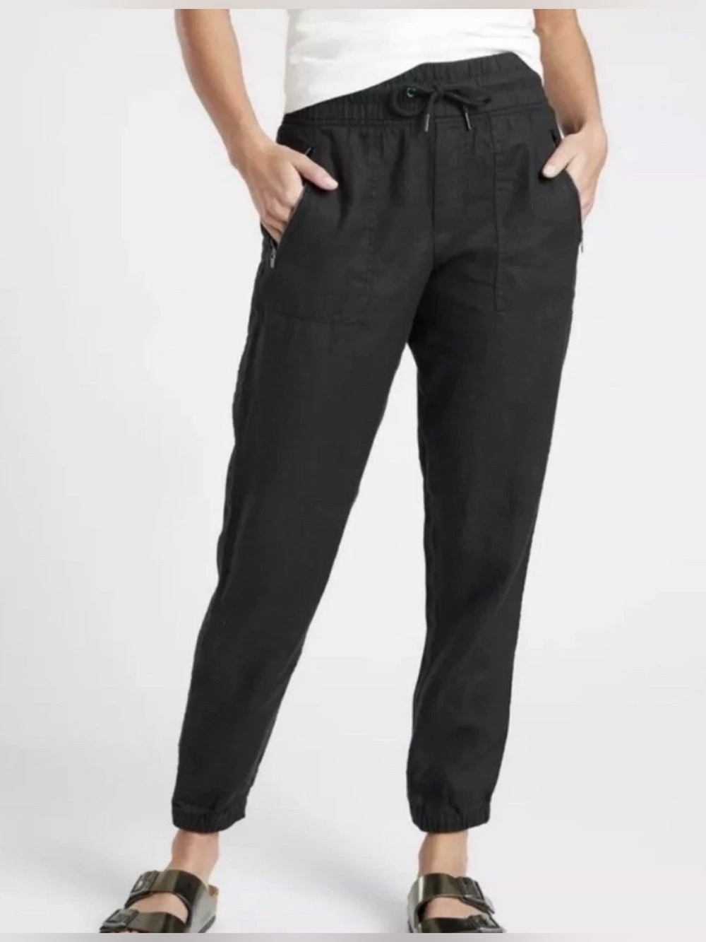 Athleta Cabo Black 100% Linen Jogger Pants Drawstring Zip Pocket Women’s Size 4